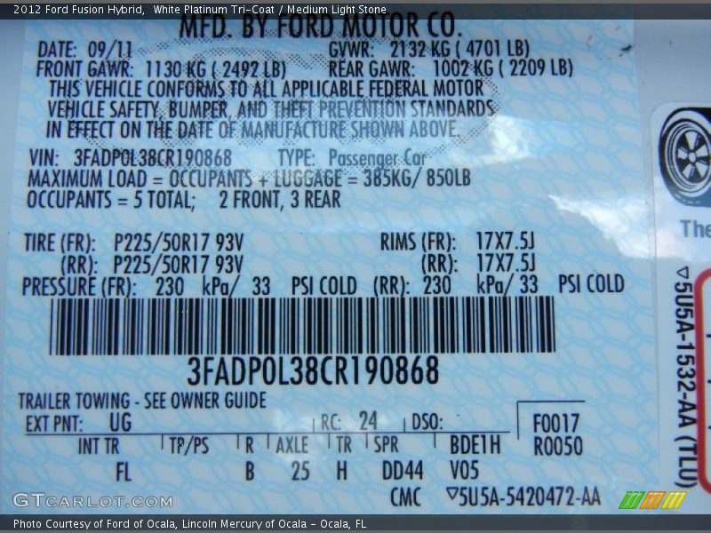 2012 Fusion Hybrid White Platinum Tri-Coat Color Code UG