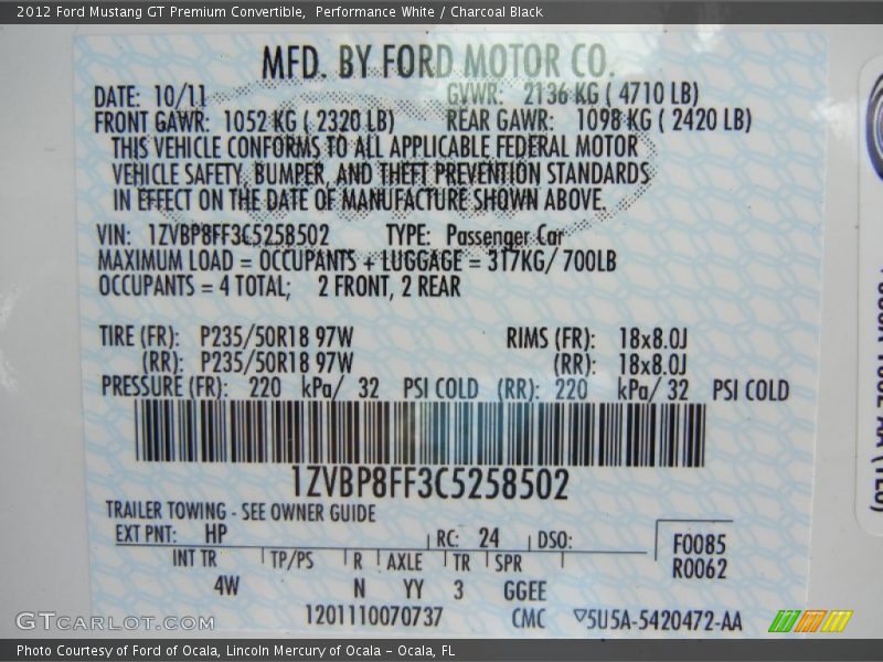 2012 Mustang GT Premium Convertible Performance White Color Code HP