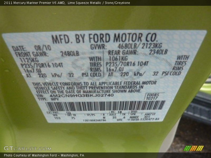 2011 Mariner Premier V6 AWD Lime Squeeze Metallic Color Code SQ