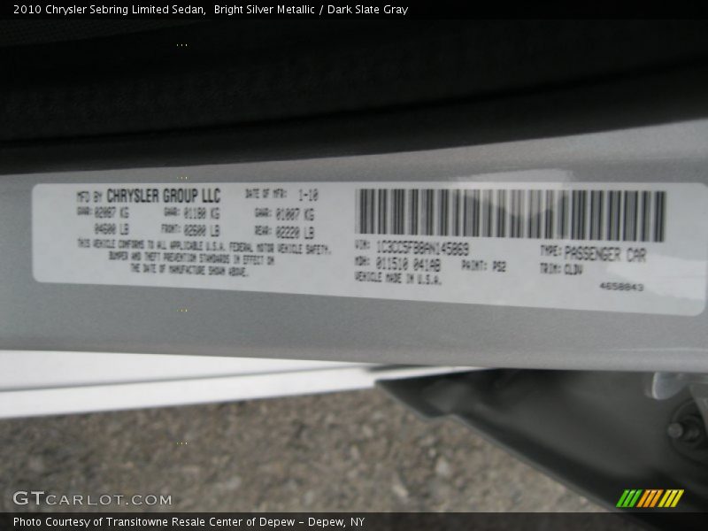 Bright Silver Metallic / Dark Slate Gray 2010 Chrysler Sebring Limited Sedan