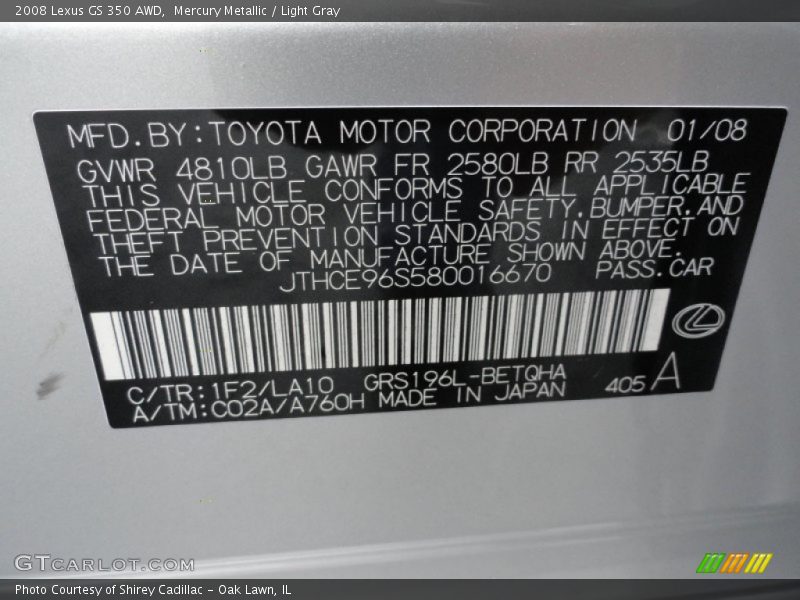 Mercury Metallic / Light Gray 2008 Lexus GS 350 AWD