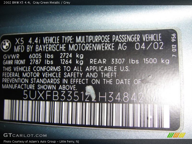 Gray Green Metallic / Grey 2002 BMW X5 4.4i