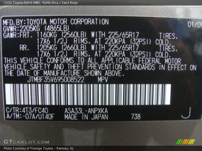 2009 RAV4 4WD Pyrite Mica Color Code 4T3