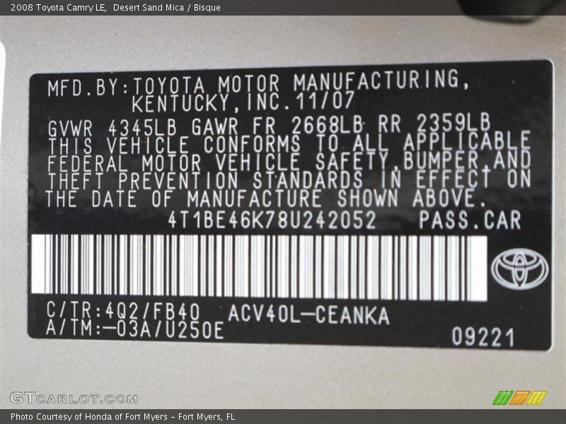 Desert Sand Mica / Bisque 2008 Toyota Camry LE