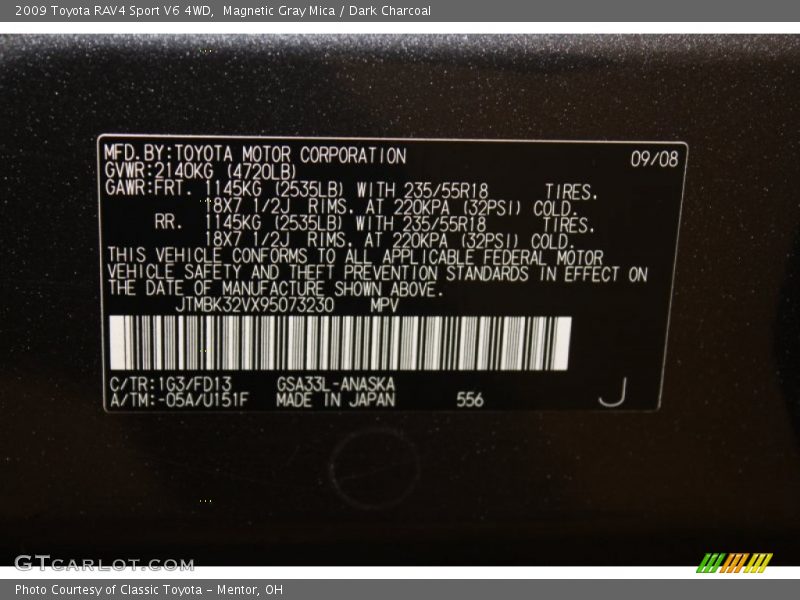 2009 RAV4 Sport V6 4WD Magnetic Gray Mica Color Code 1G3