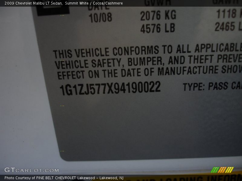 Summit White / Cocoa/Cashmere 2009 Chevrolet Malibu LT Sedan