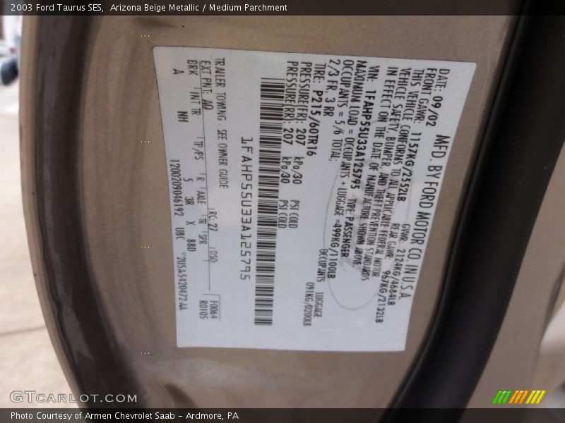 2003 Taurus SES Arizona Beige Metallic Color Code AQ