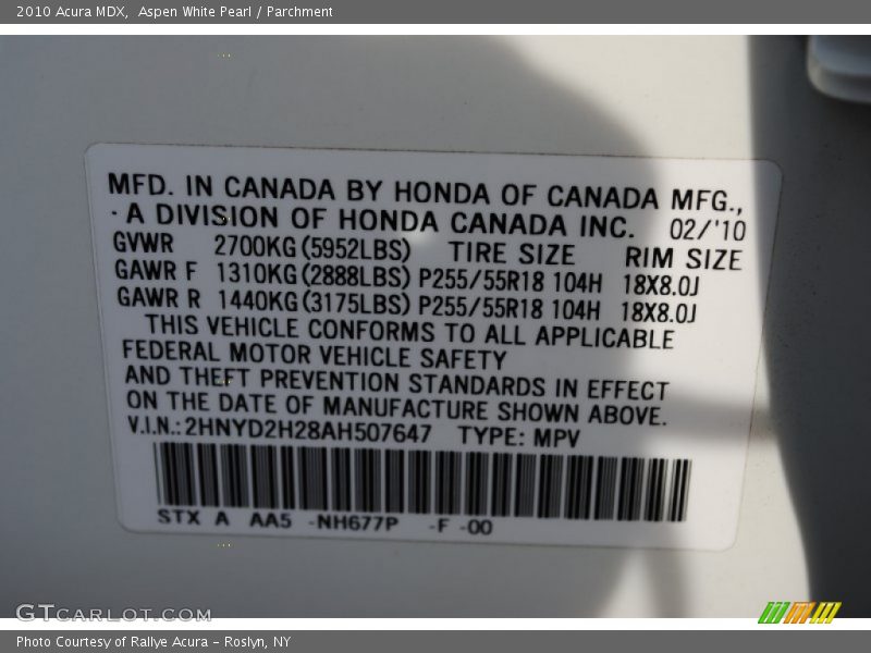 2010 MDX  Aspen White Pearl Color Code NH677P
