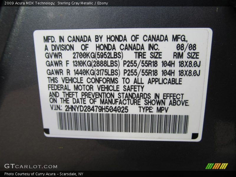 Sterling Gray Metallic / Ebony 2009 Acura MDX Technology