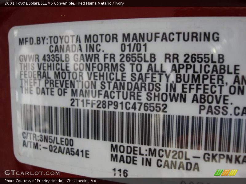 Red Flame Metallic / Ivory 2001 Toyota Solara SLE V6 Convertible