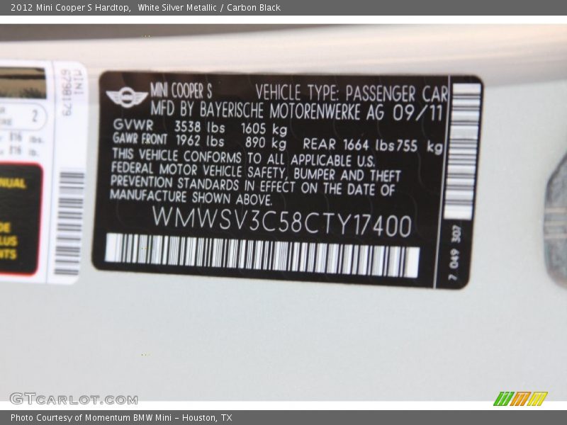 White Silver Metallic / Carbon Black 2012 Mini Cooper S Hardtop