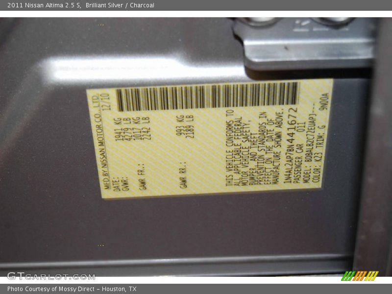 Brilliant Silver / Charcoal 2011 Nissan Altima 2.5 S
