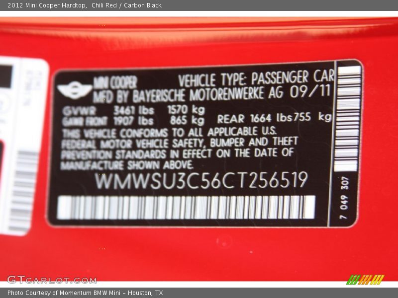 Info Tag of 2012 Cooper Hardtop