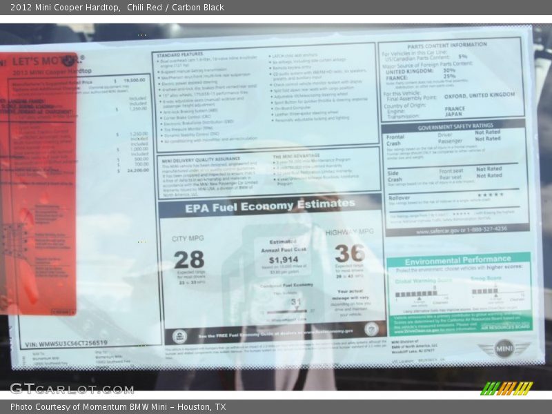 Chili Red / Carbon Black 2012 Mini Cooper Hardtop