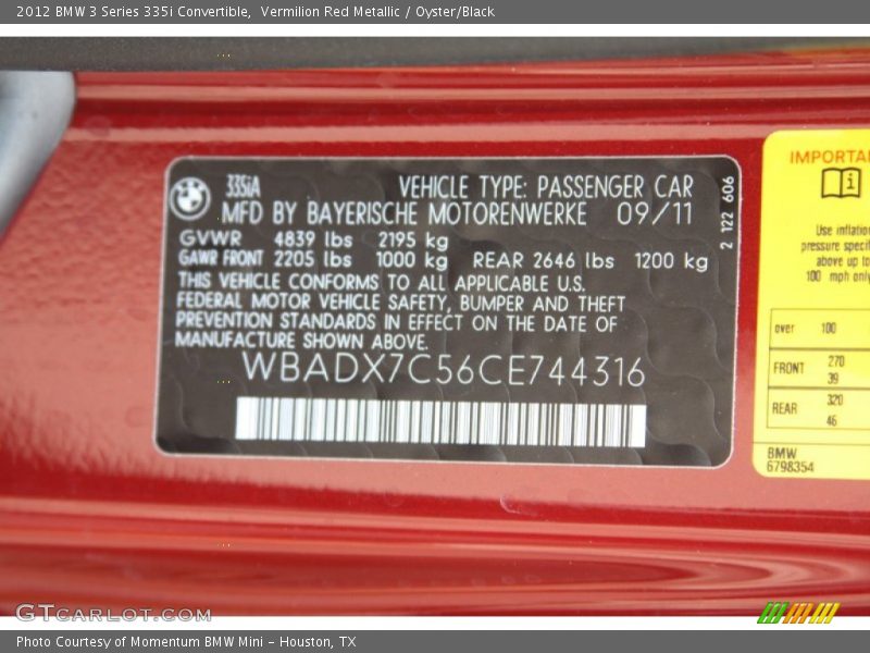Vermilion Red Metallic / Oyster/Black 2012 BMW 3 Series 335i Convertible