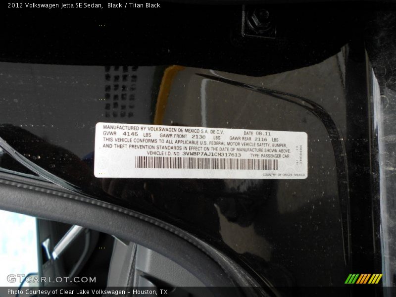 Black / Titan Black 2012 Volkswagen Jetta SE Sedan
