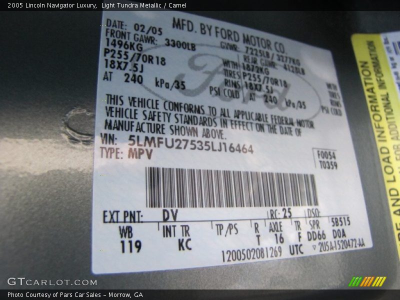 2005 Navigator Luxury Light Tundra Metallic Color Code DV