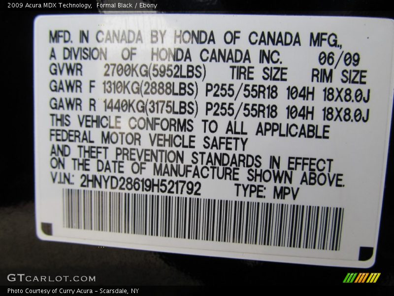 Formal Black / Ebony 2009 Acura MDX Technology