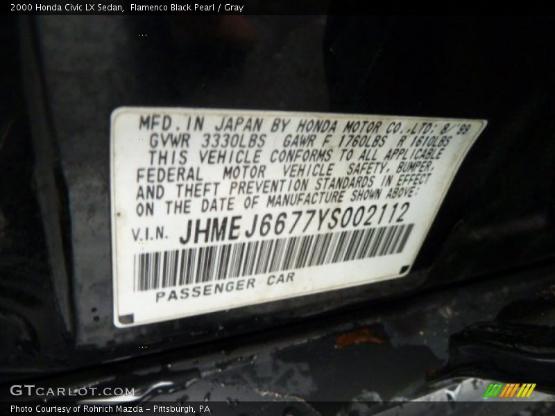 Flamenco Black Pearl / Gray 2000 Honda Civic LX Sedan