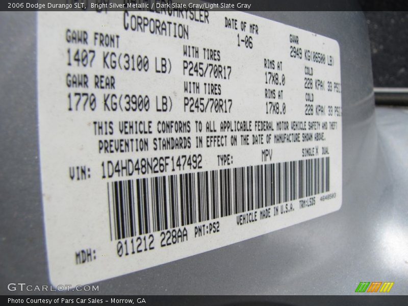 Bright Silver Metallic / Dark Slate Gray/Light Slate Gray 2006 Dodge Durango SLT