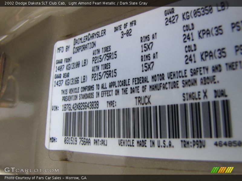 2002 Dakota SLT Club Cab Light Almond Pearl Metallic Color Code PKJ