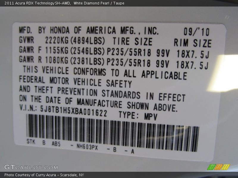 2011 RDX Technology SH-AWD White Diamond Pearl Color Code NH603PX