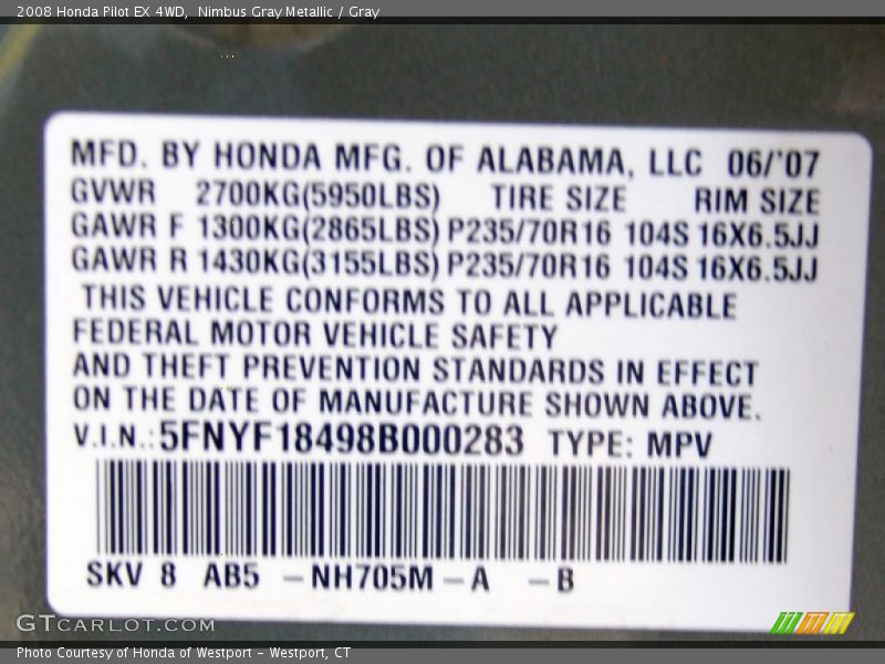 Nimbus Gray Metallic / Gray 2008 Honda Pilot EX 4WD