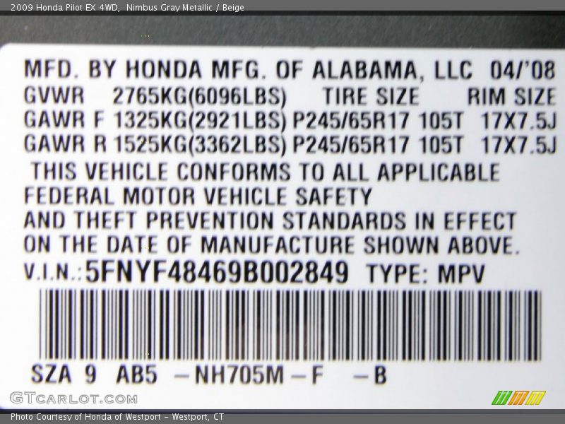 Nimbus Gray Metallic / Beige 2009 Honda Pilot EX 4WD
