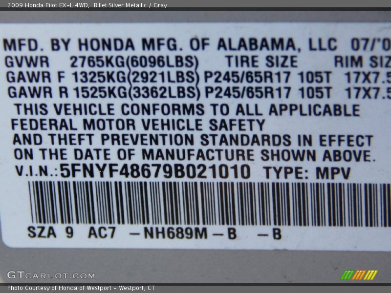 Billet Silver Metallic / Gray 2009 Honda Pilot EX-L 4WD