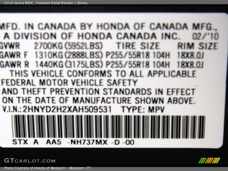 2010 MDX  Polished Metal Metallic Color Code NH737MX