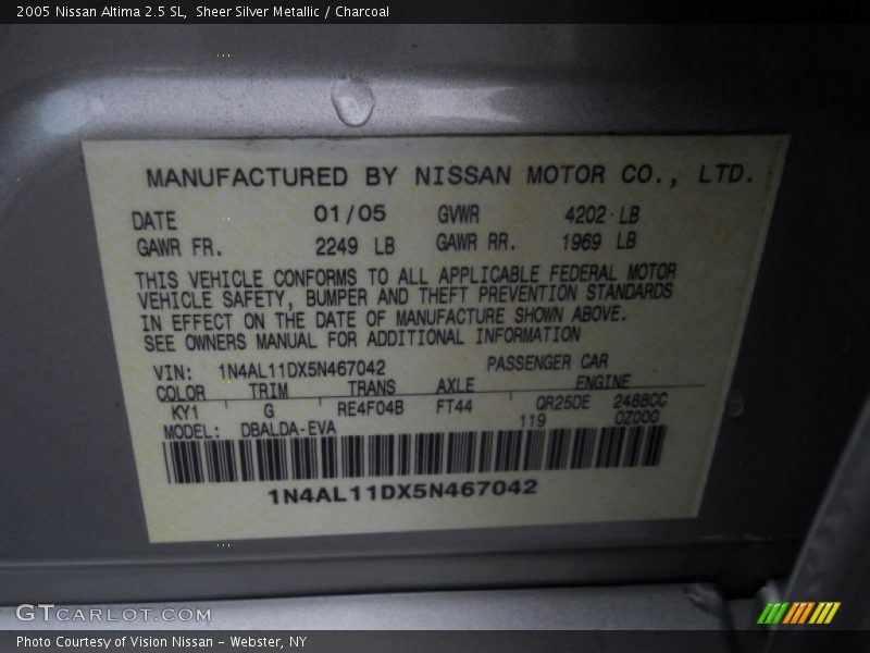 Sheer Silver Metallic / Charcoal 2005 Nissan Altima 2.5 SL