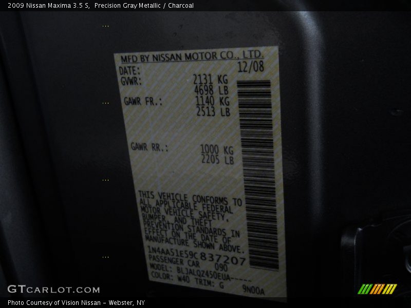 Precision Gray Metallic / Charcoal 2009 Nissan Maxima 3.5 S