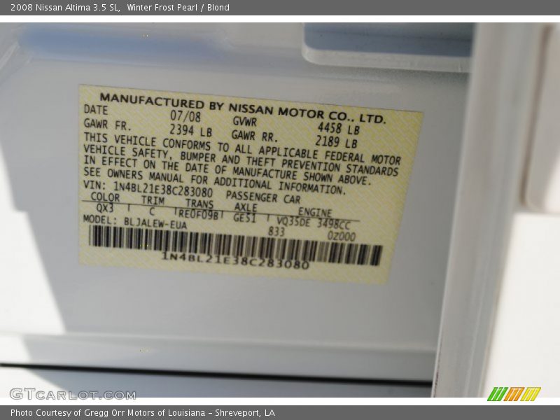 Winter Frost Pearl / Blond 2008 Nissan Altima 3.5 SL