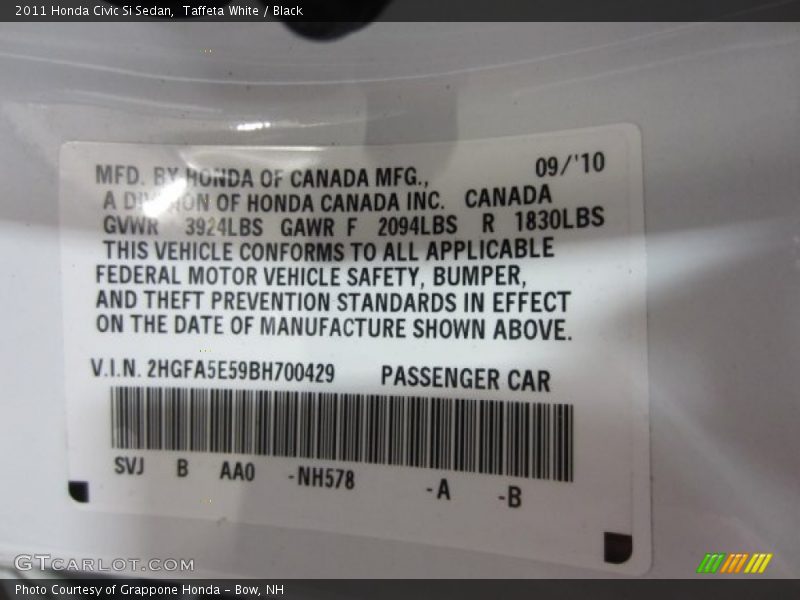Taffeta White / Black 2011 Honda Civic Si Sedan