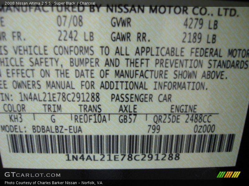 Super Black / Charcoal 2008 Nissan Altima 2.5 S