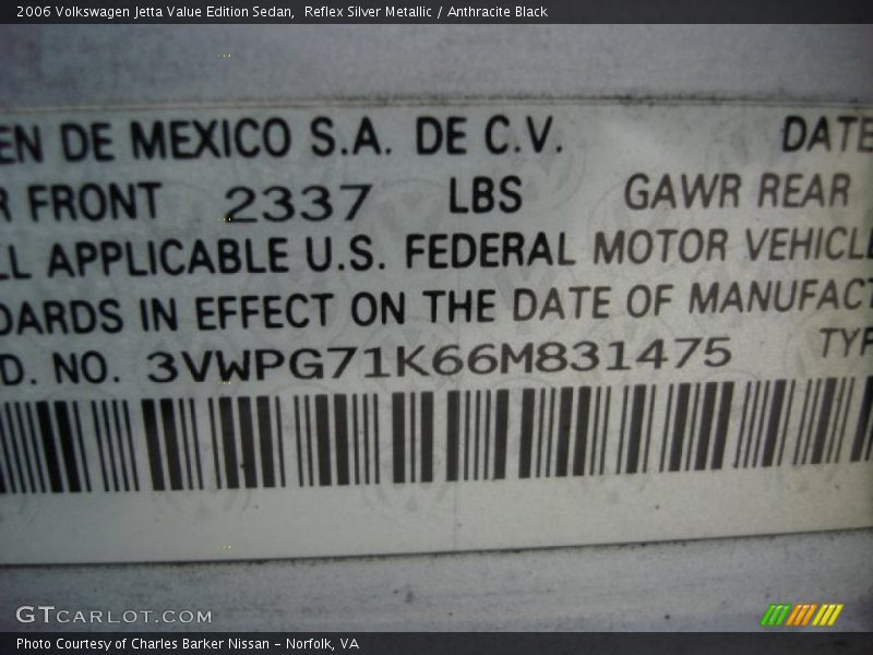 Reflex Silver Metallic / Anthracite Black 2006 Volkswagen Jetta Value Edition Sedan