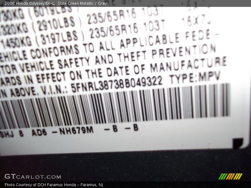 Slate Green Metallic / Gray 2008 Honda Odyssey EX-L