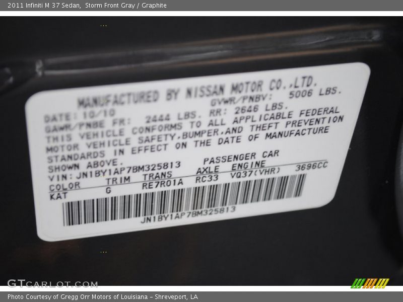 2011 M 37 Sedan Storm Front Gray Color Code KAT