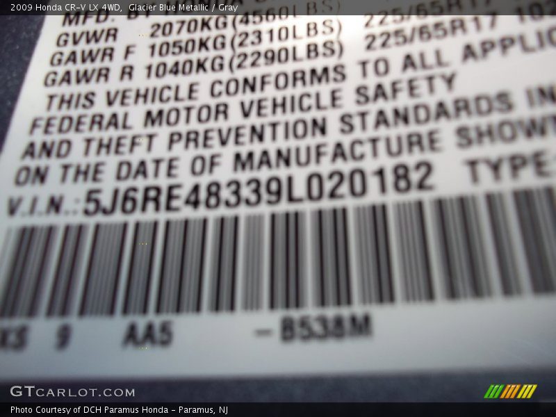 Glacier Blue Metallic / Gray 2009 Honda CR-V LX 4WD