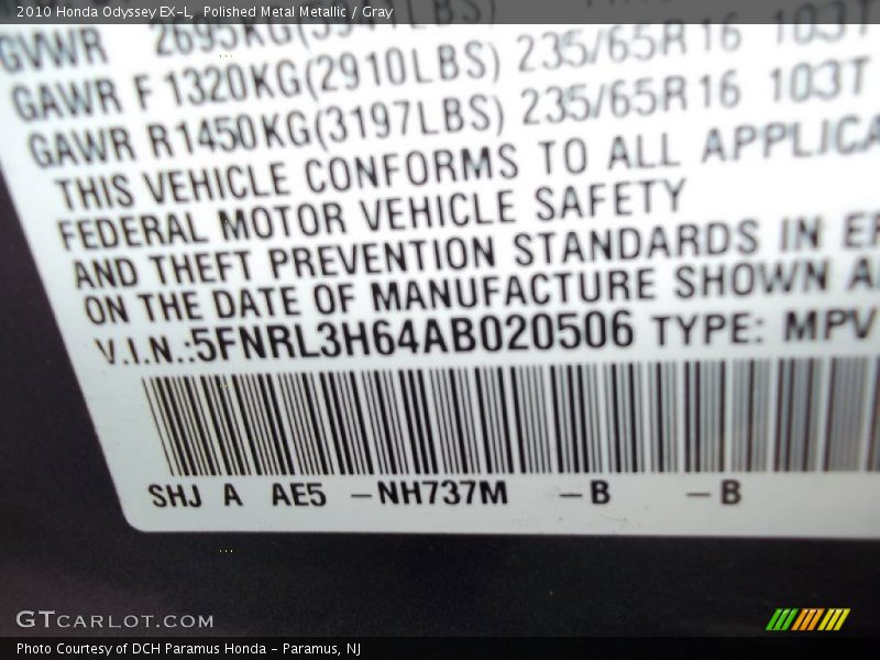 Polished Metal Metallic / Gray 2010 Honda Odyssey EX-L