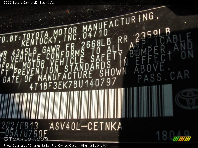 Black / Ash 2011 Toyota Camry LE