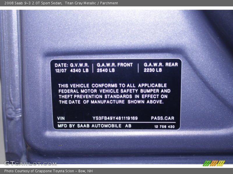 Titan Gray Metallic / Parchment 2008 Saab 9-3 2.0T Sport Sedan