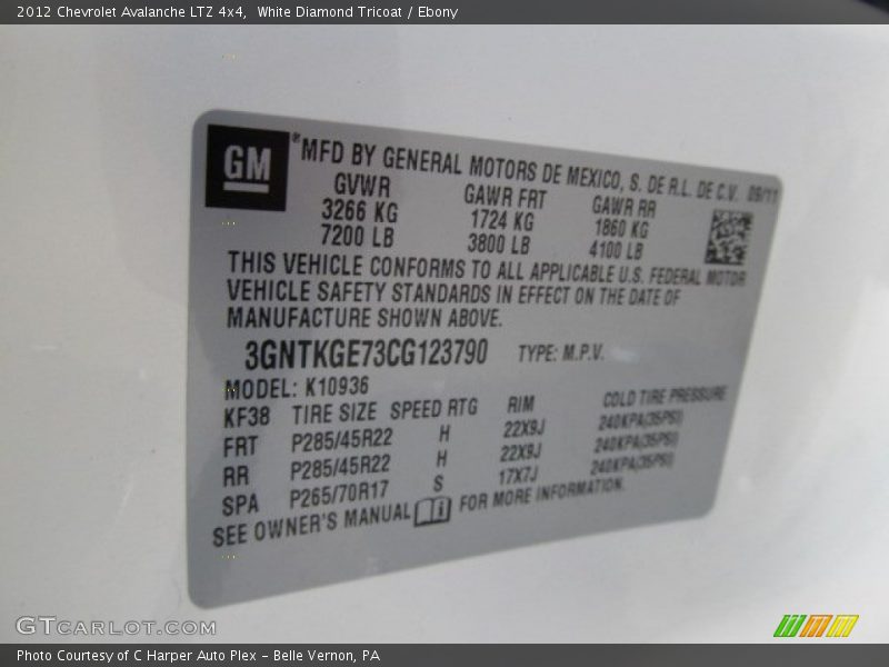 Info Tag of 2012 Avalanche LTZ 4x4