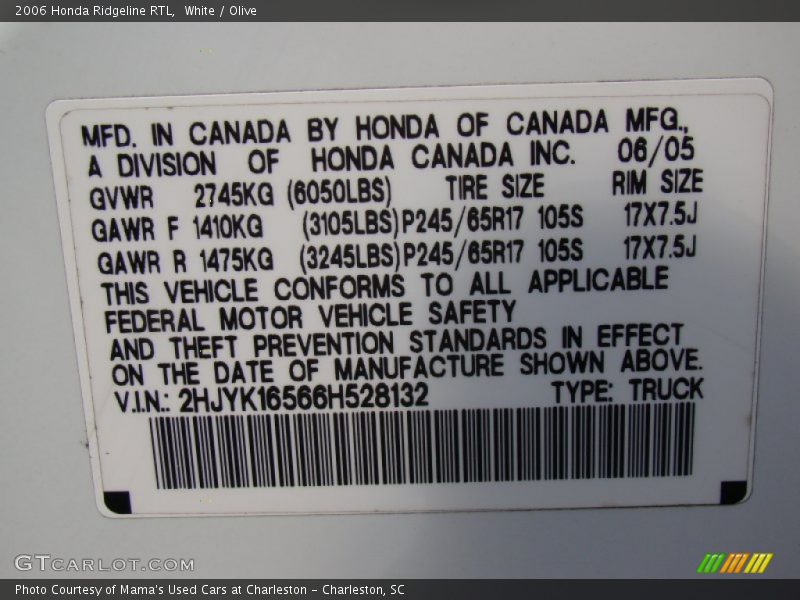 White / Olive 2006 Honda Ridgeline RTL