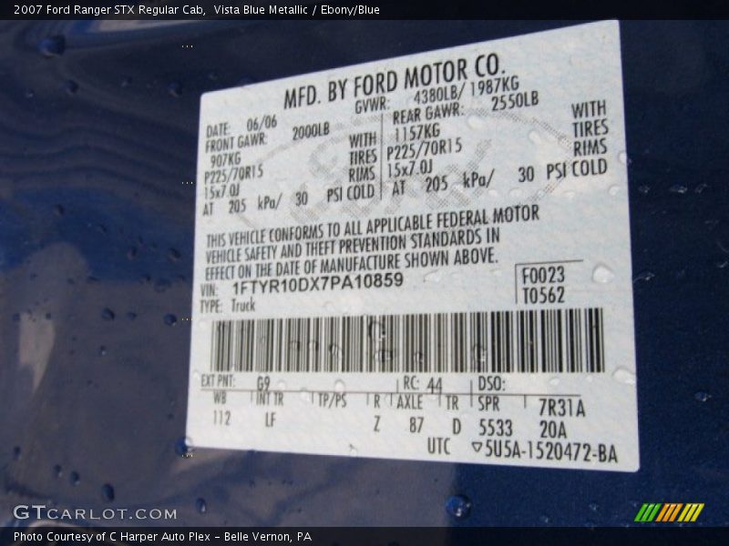 2007 Ranger STX Regular Cab Vista Blue Metallic Color Code G9