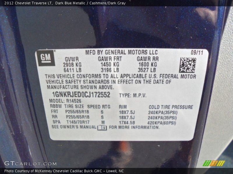Info Tag of 2012 Traverse LT