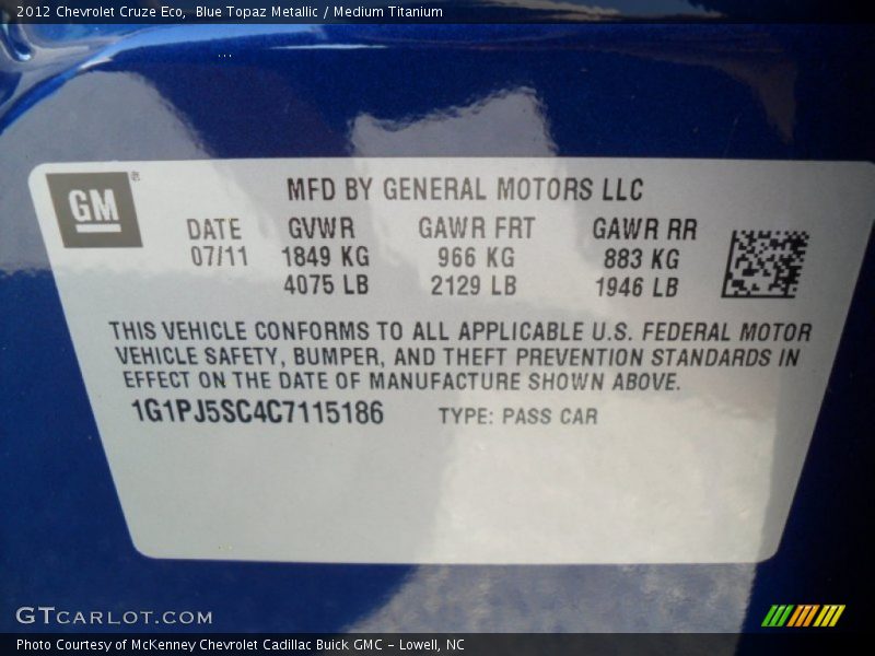 Blue Topaz Metallic / Medium Titanium 2012 Chevrolet Cruze Eco