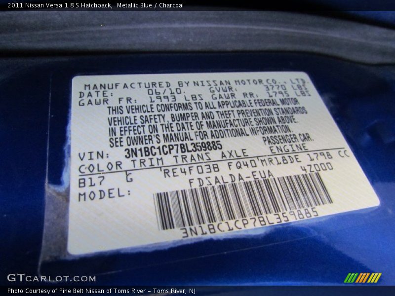 Metallic Blue / Charcoal 2011 Nissan Versa 1.8 S Hatchback