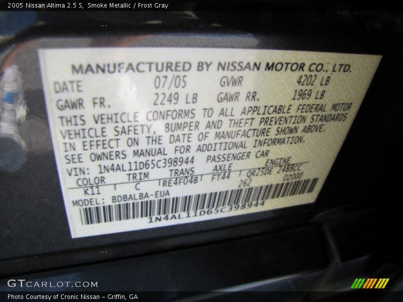 Smoke Metallic / Frost Gray 2005 Nissan Altima 2.5 S
