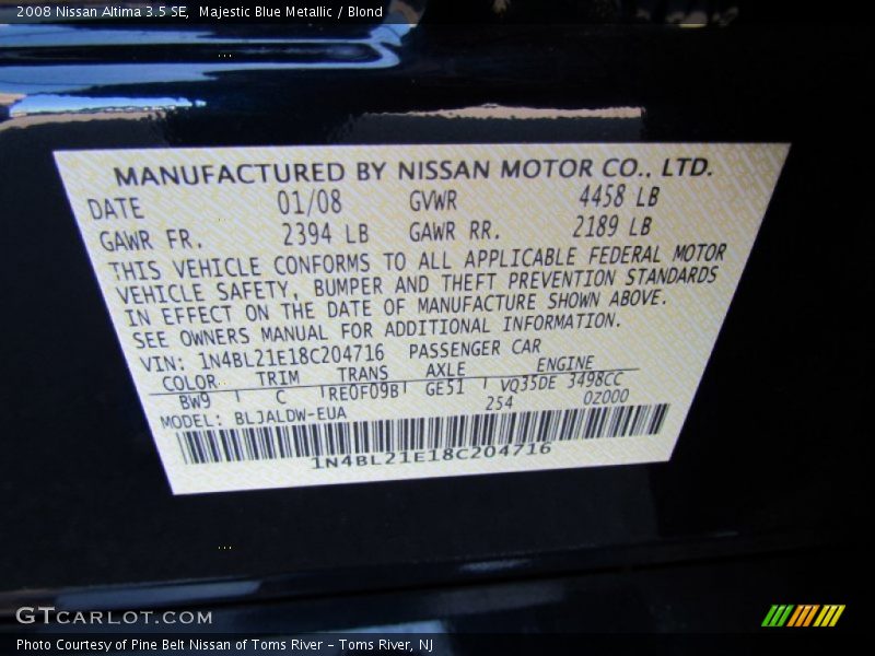 Majestic Blue Metallic / Blond 2008 Nissan Altima 3.5 SE